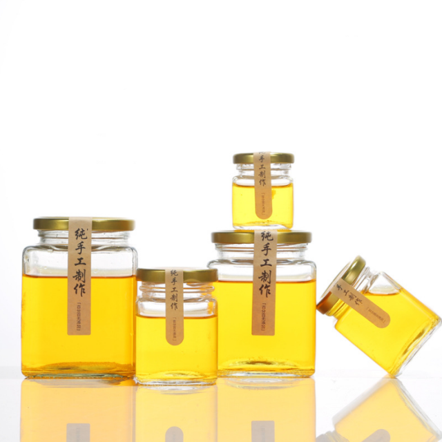Hexagon food storage container honey jar glass 100ml 180ml 280ml 380ml 500ml 730ml