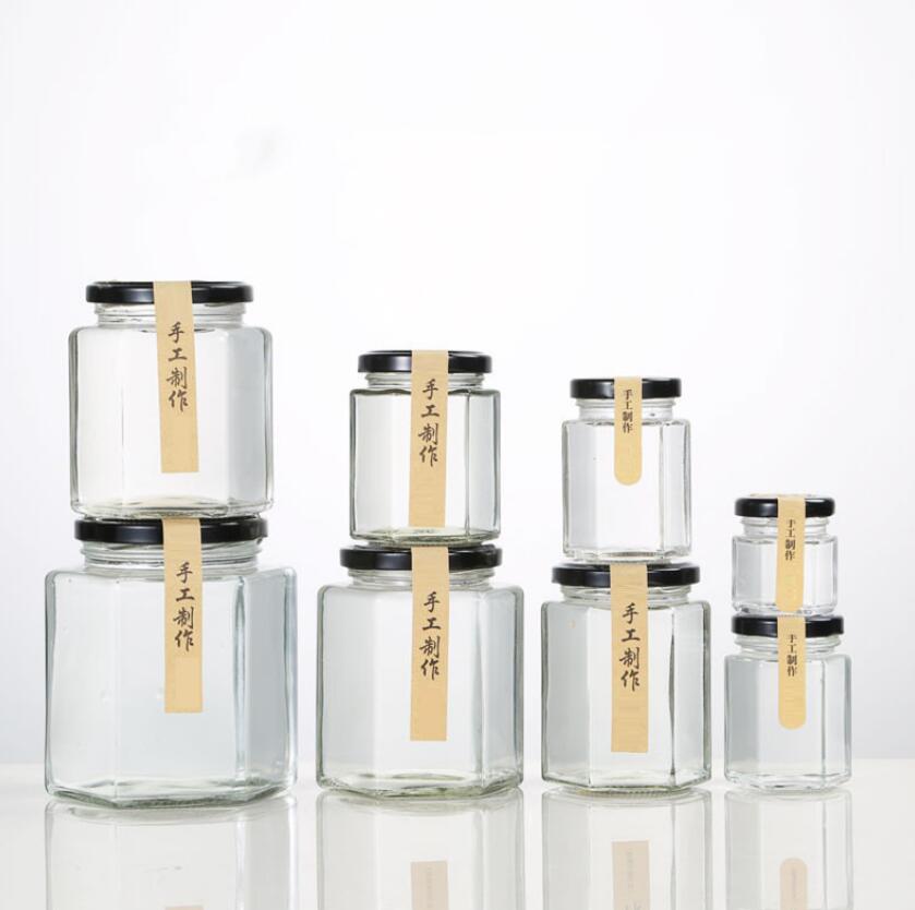 Hexagon food storage jam honey glass jar with metal lid