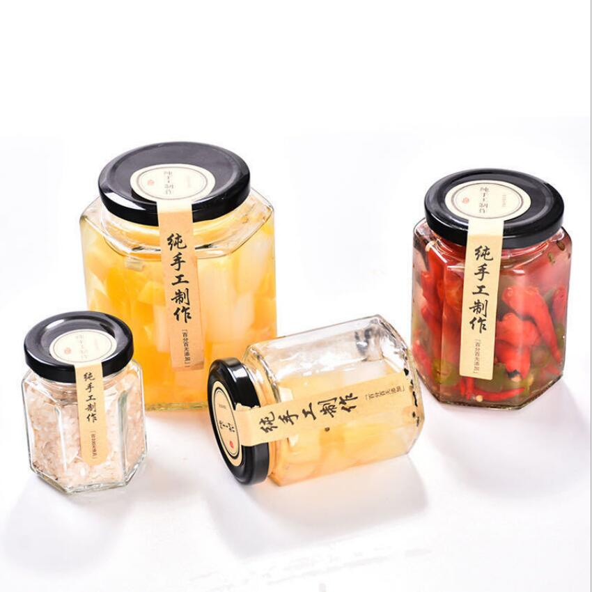 Hexagon food storage jam honey glass jar with metal lid