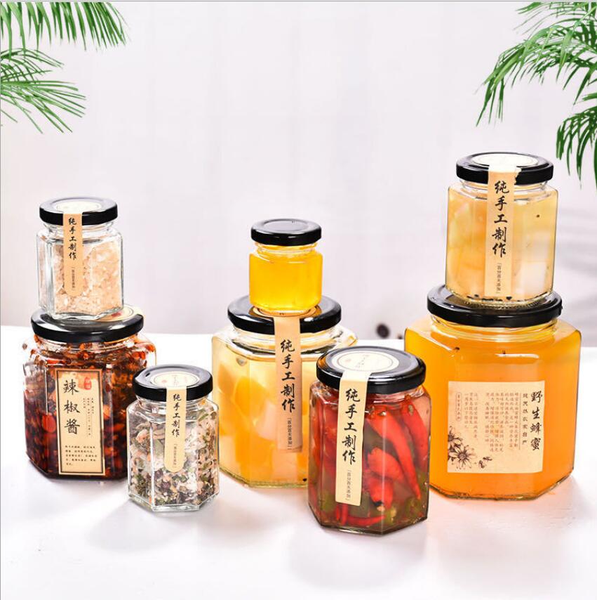 Hexagon food storage jam honey glass jar with metal lid