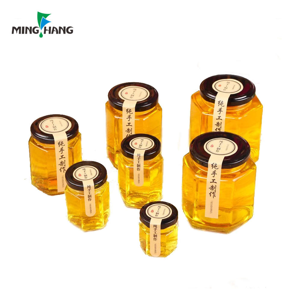 Hexagon food storage jam honey glass jar with metal lid