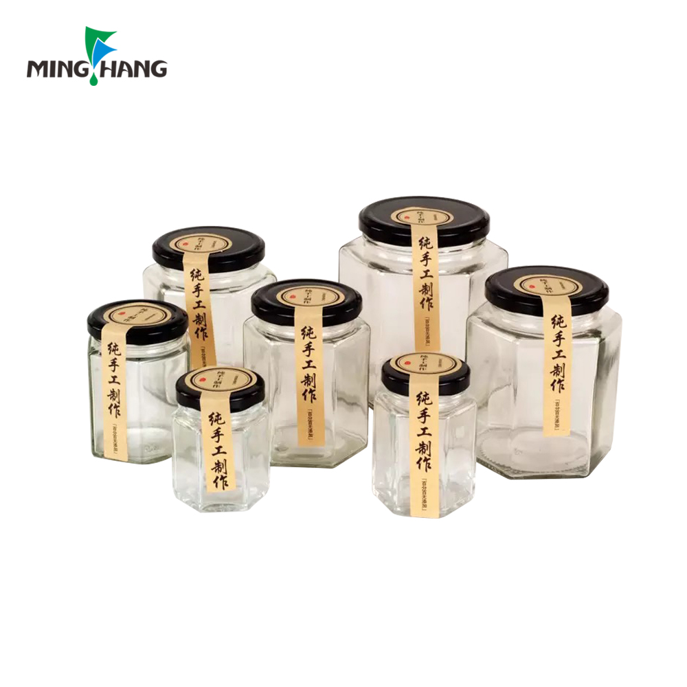 Hexagon food storage jam honey glass jar with metal lid