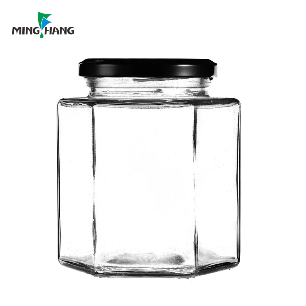 Hexagon food storage jam honey glass jar with metal lid