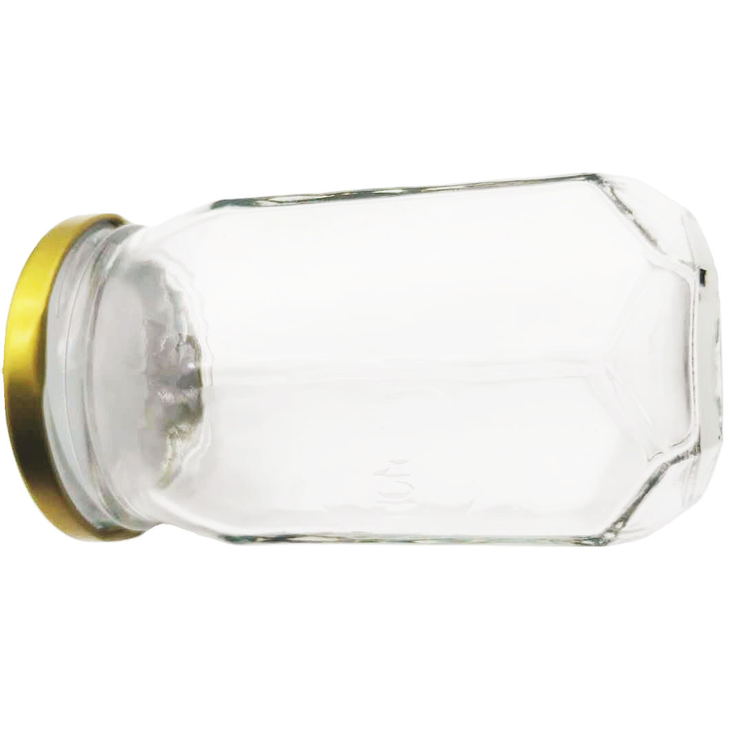 Hexagon glass storage honey jar with screw metal lid and irregular surface