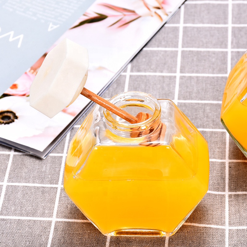 Hexagon honey glass containers with dipper for honey and sauces