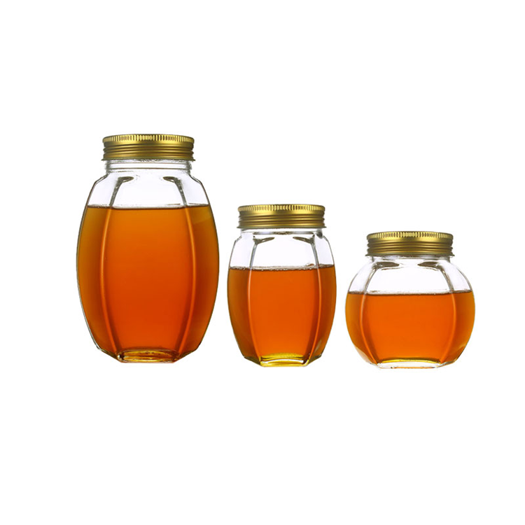 Hexagon storage Glass Jar 380ml 500ml 750ml Honey Jar Glass with stir wooden plug