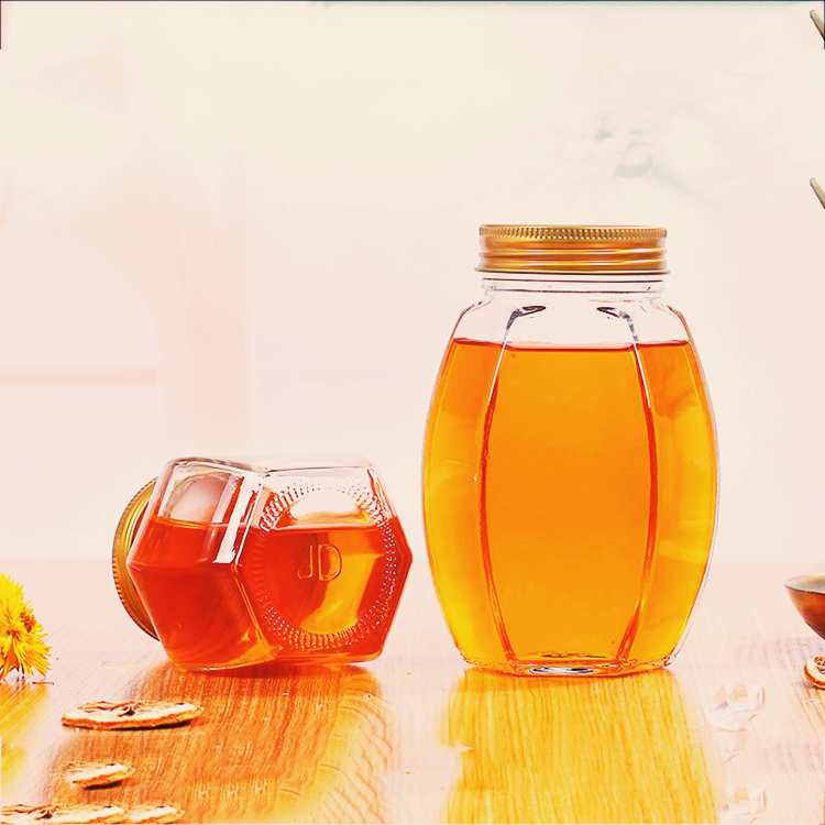 Hexagon storage Glass Jar 380ml 500ml 750ml Honey Jar Glass with stir wooden plug
