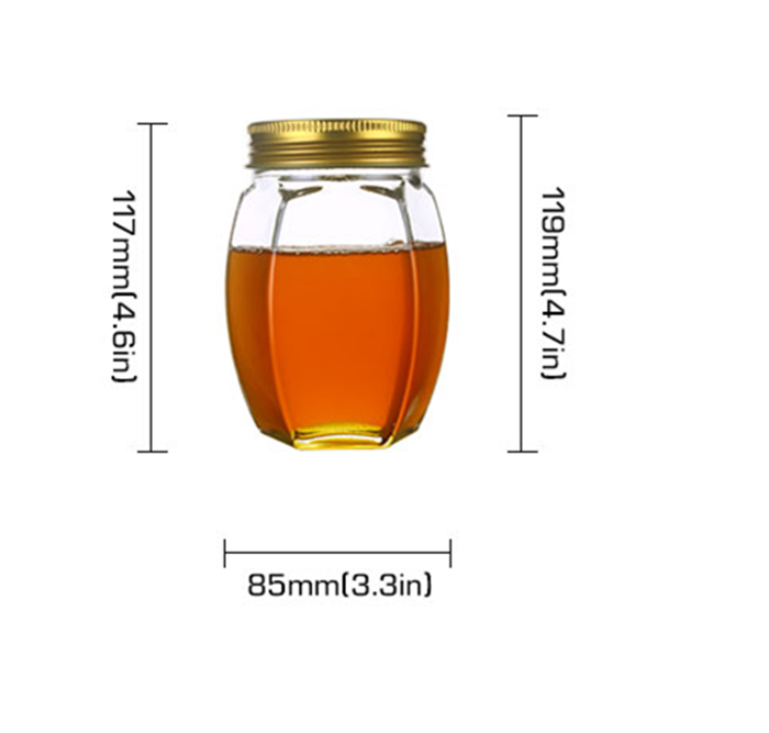 Hexagon storage Glass Jar 380ml 500ml 750ml Honey Jar Glass with stir wooden plug