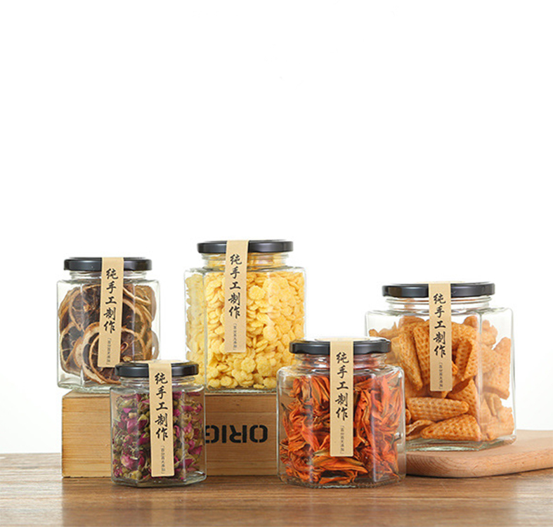 Hexagon storage glass jar factory jam jar for freshness preservation glass spice  jar in bulk 50ml-1000ml