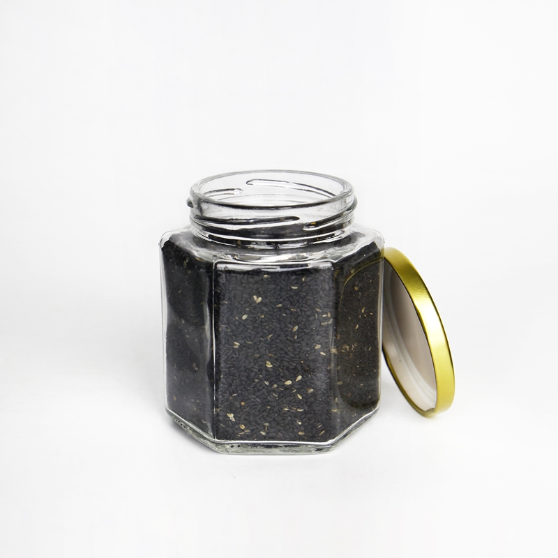 Hexagonal  450mlGlass Bottle Glass Wholesale Hexagonal Glass Honey Container Honey Storage Bottle Glass Honey Jar With Matel Lid