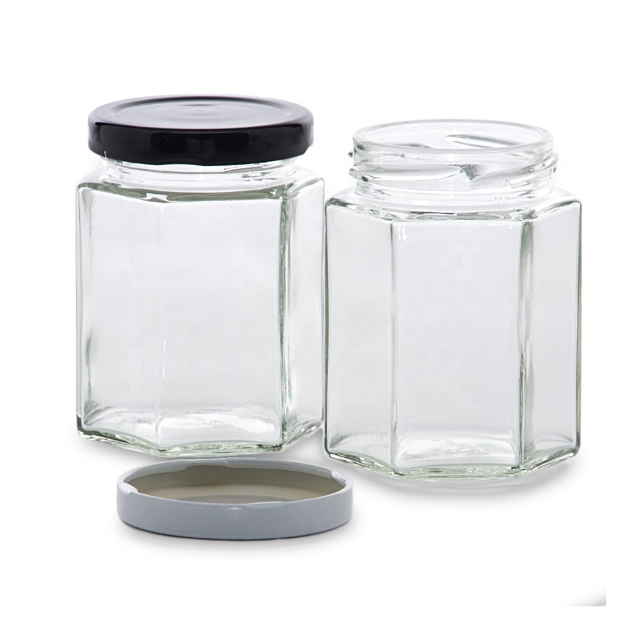 Hexagonal 50ml 100ml 150ml 300ml 500ml 750ml glass honey jars jam jars with black lid