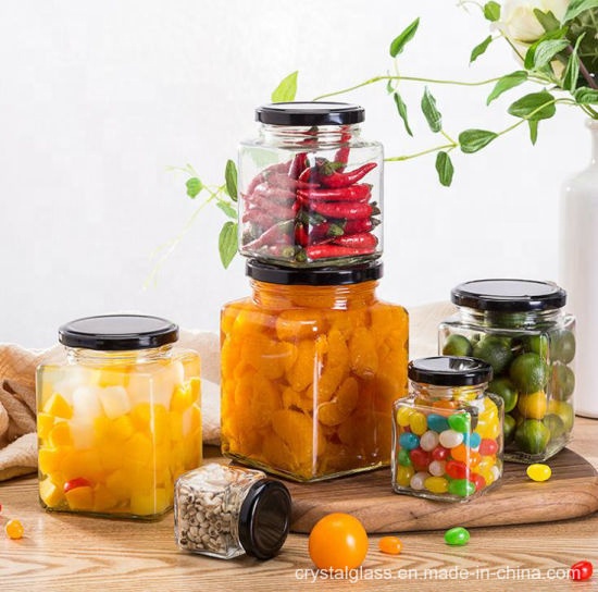 Hexagonal 50ml 100ml 150ml 300ml 500ml 750ml glass honey jars jam jars with black lid