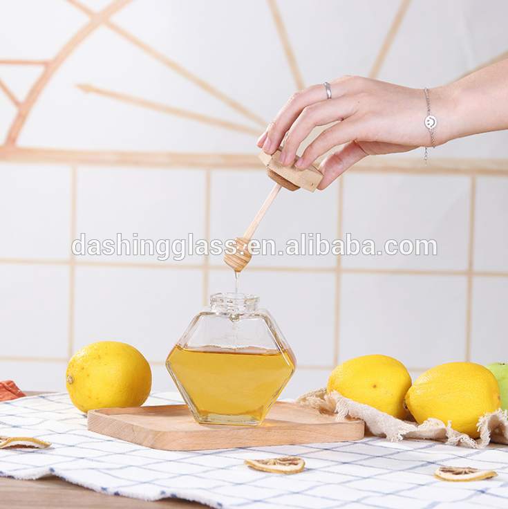 Hexagonal Honey Jar Empty Honey Jars Glass Jar with Wooden Lid