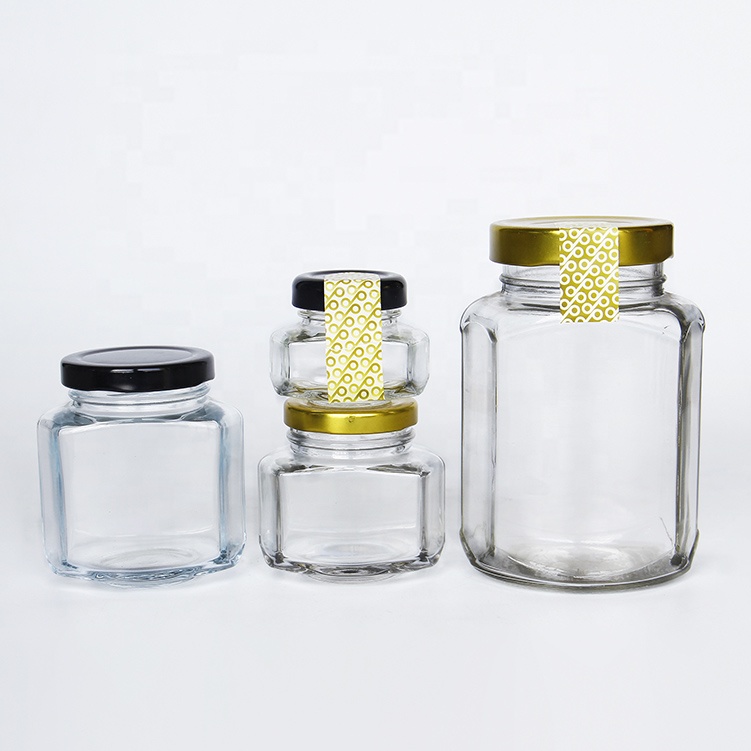 Hexagonal Oval Glass Jar Unique Design Honey Packaging Jars with Metal Lid