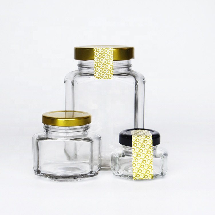 Hexagonal Oval Glass Jar Unique Design Honey Packaging Jars with Metal Lid