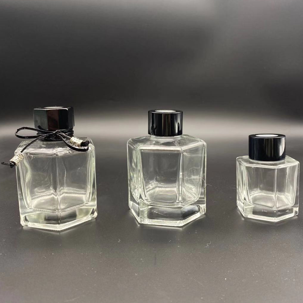 Hexagonal Prism Shape Clear Metal Cap Fragrance Reed Diffuse Glass Bottle