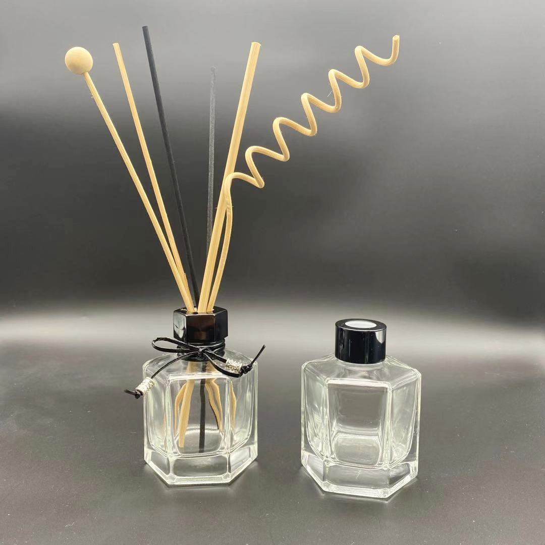 Hexagonal Prism Shape Clear Metal Cap Fragrance Reed Diffuse Glass Bottle