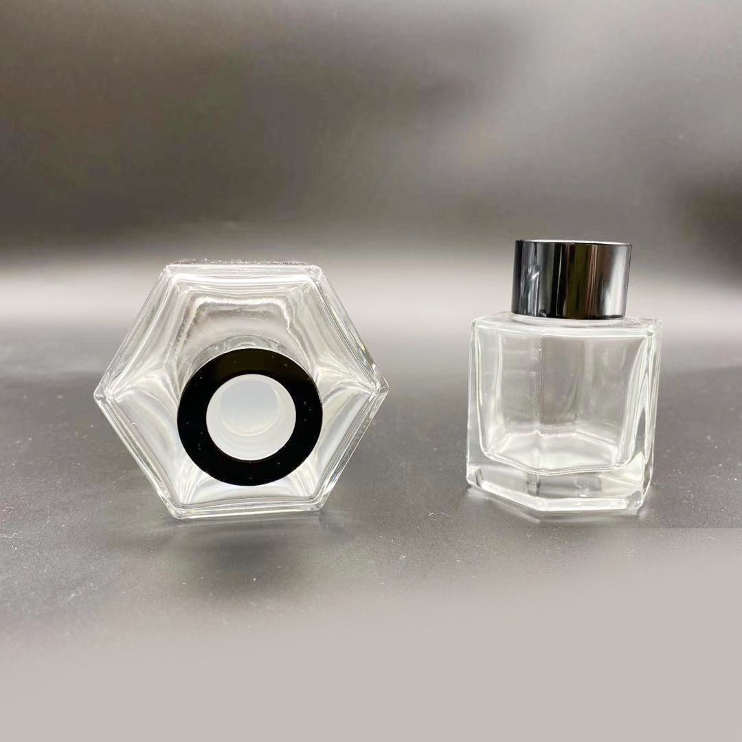 Hexagonal Prism Shape Clear Metal Cap Fragrance Reed Diffuse Glass Bottle