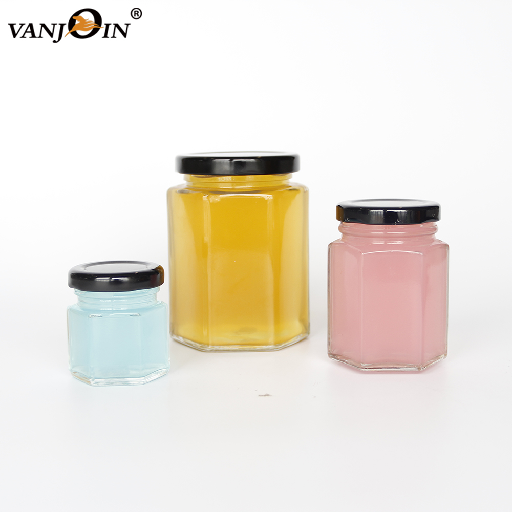 Hexagonal family size jars 45ml 65ml 100ml 200ml 290ml 400ml 500ml 700ml Glass Storage Canning Honey Jam Jelly jars