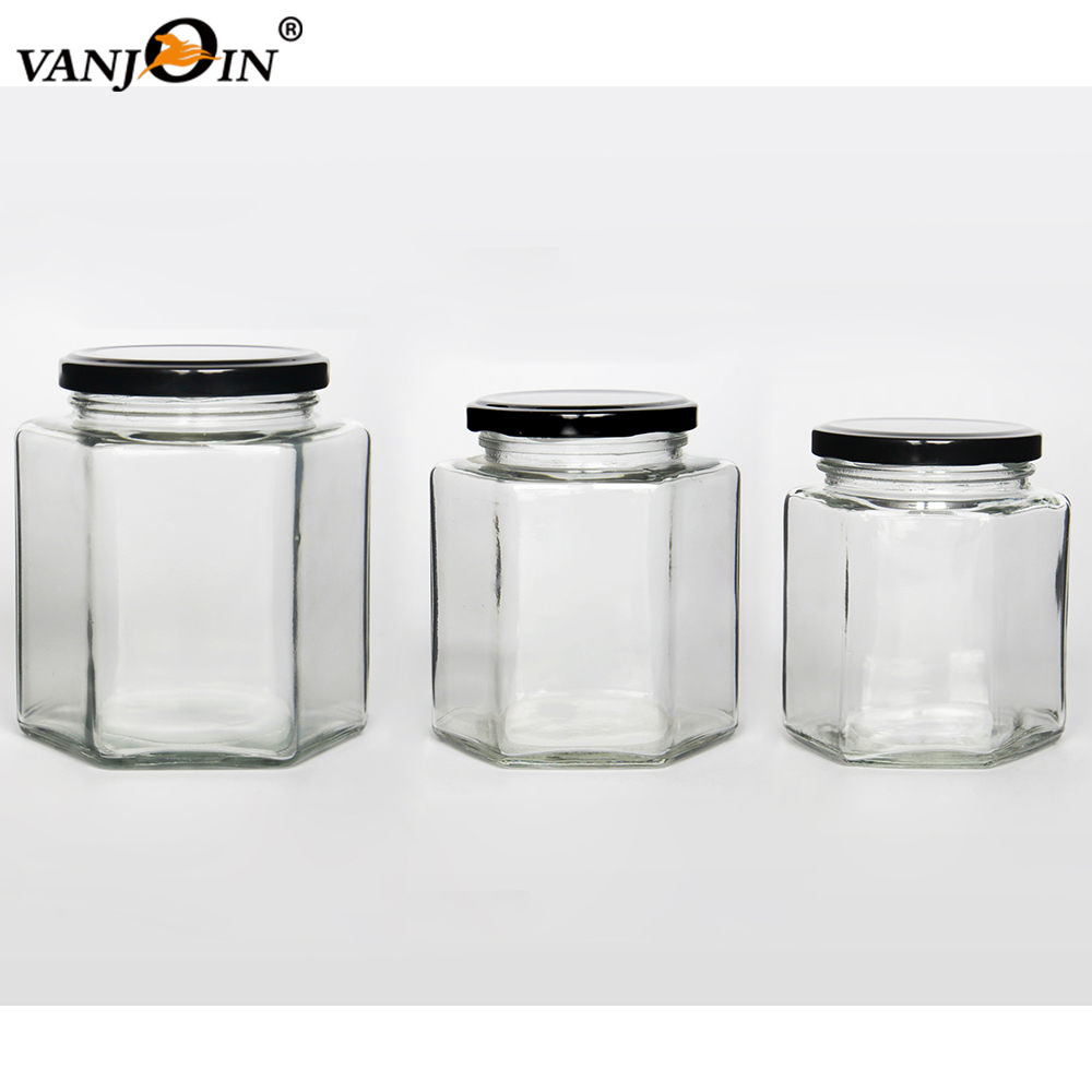Hexagonal family size jars 45ml 65ml 100ml 200ml 290ml 400ml 500ml 700ml Glass Storage Canning Honey Jam Jelly jars