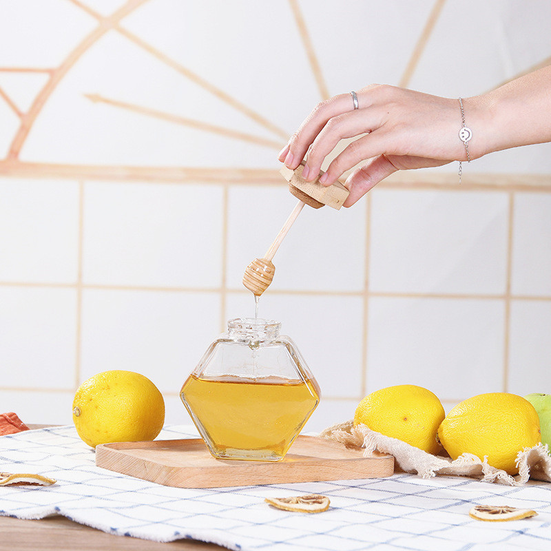 Hexagonal glass bottles honey jar with wooden dipper 100ml 220ml 380ml