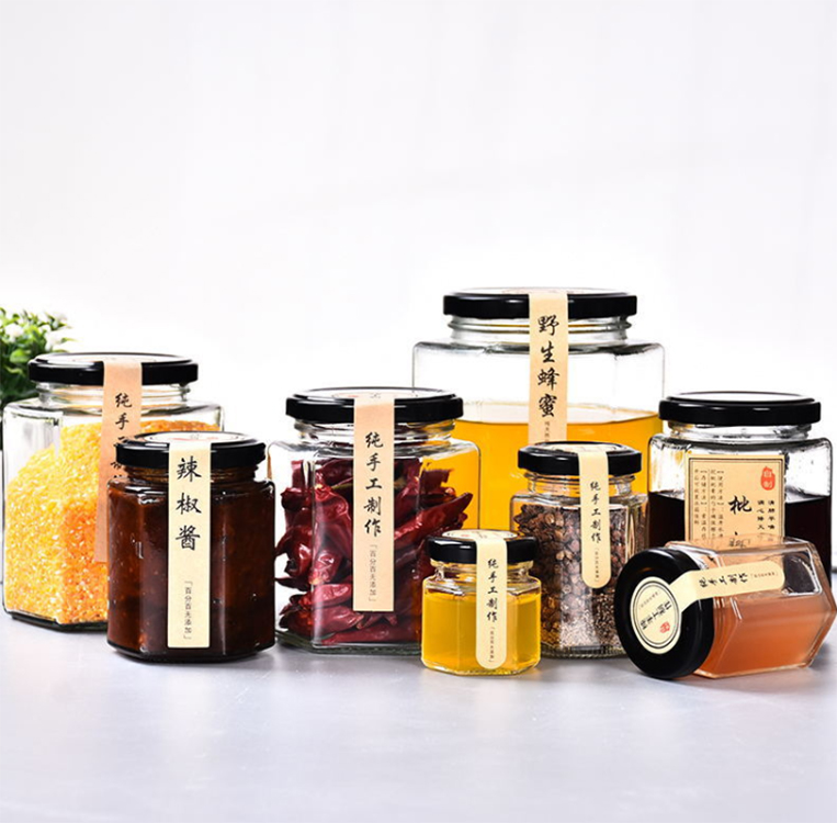 Hexagonal glass honey multigrain jar 45ml 60ml 85ml 100ml 180ml 280ml 280ml 500ml 730ml
