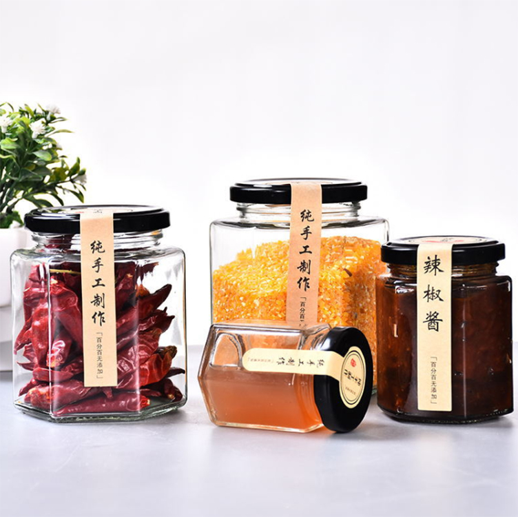 Hexagonal glass honey multigrain jar 45ml 60ml 85ml 100ml 180ml 280ml 280ml 500ml 730ml