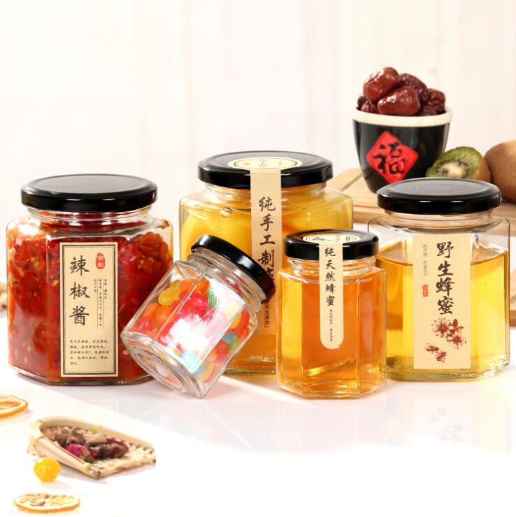Hexagonal glass nuts jam storage jar christmas glass jar with screw top lid