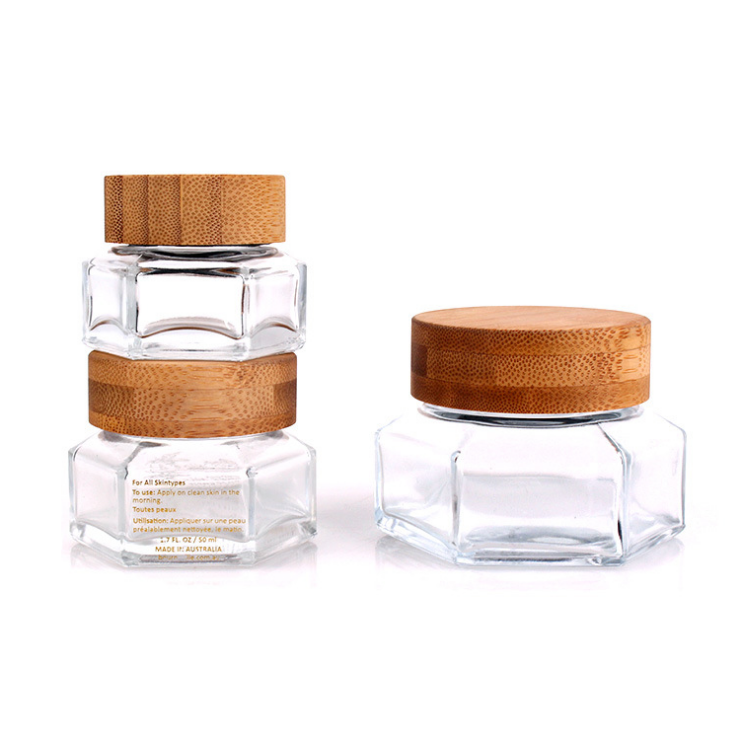 Hexangular cream glass jar cosmetics wooden cap set 30ml 50ml 100ml