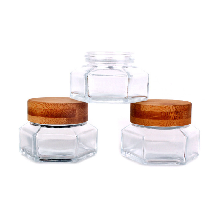 Hexangular hexagonal cosmetic glass jar with wooden bamboo lid bottles 30ml 50ml 100ml