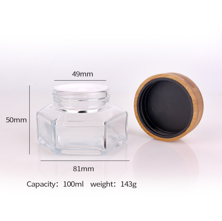 Hexangular hexagonal cosmetic glass jar with wooden bamboo lid bottles 30ml 50ml 100ml