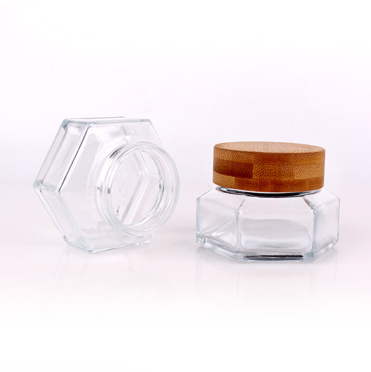 Hexangular hexagonal cosmetic glass jar with wooden bamboo lid bottles 30ml 50ml 100ml