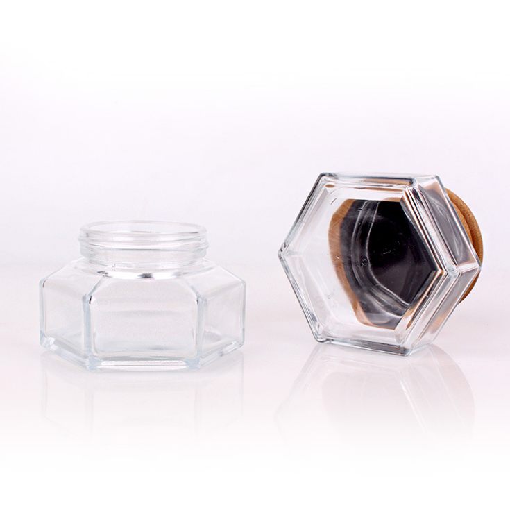 Hexangular hexagonal cosmetic glass jar with wooden bamboo lid bottles 30ml 50ml 100ml