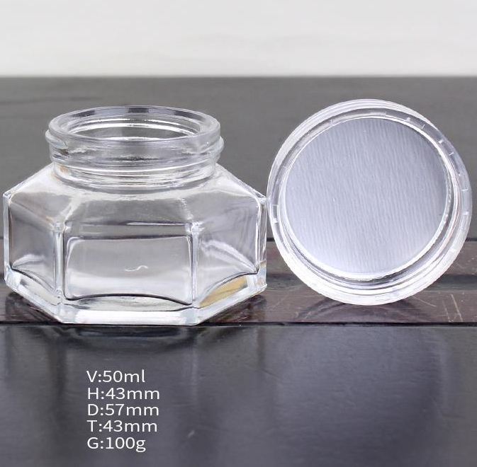 Hexangular hexagonal cosmetic glass jar with wooden bamboo lid bottles 30ml 50ml 100ml