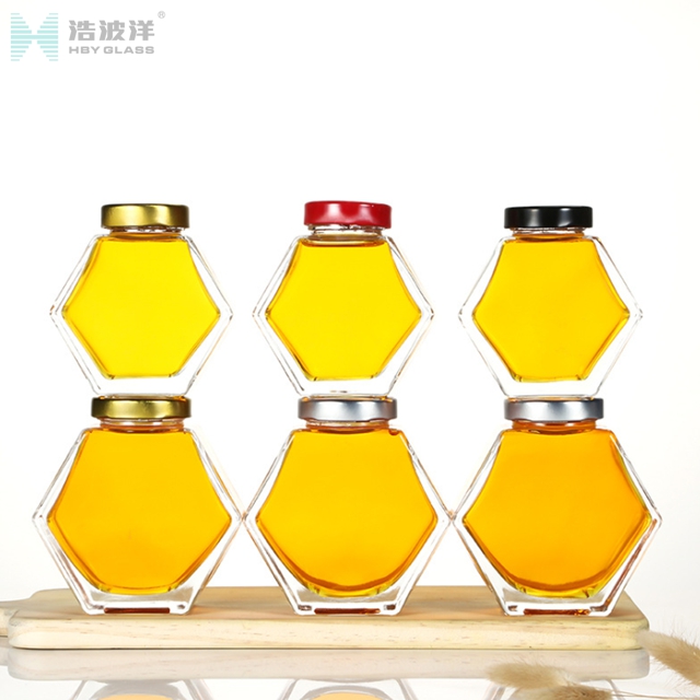 Hexgonal 230ml 350ml honey glass jar with metal screw lid
