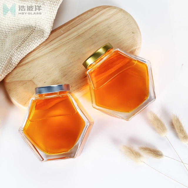 Hexgonal 230ml 350ml honey glass jar with metal screw lid