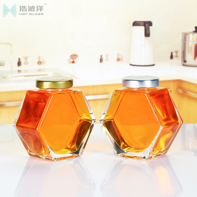 Hexgonal 230ml 350ml honey glass jar with metal screw lid