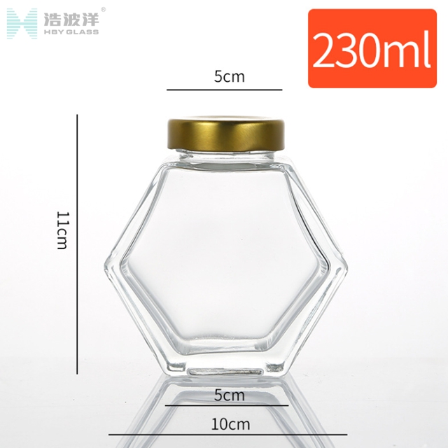 Hexgonal 230ml 350ml honey glass jar with metal screw lid