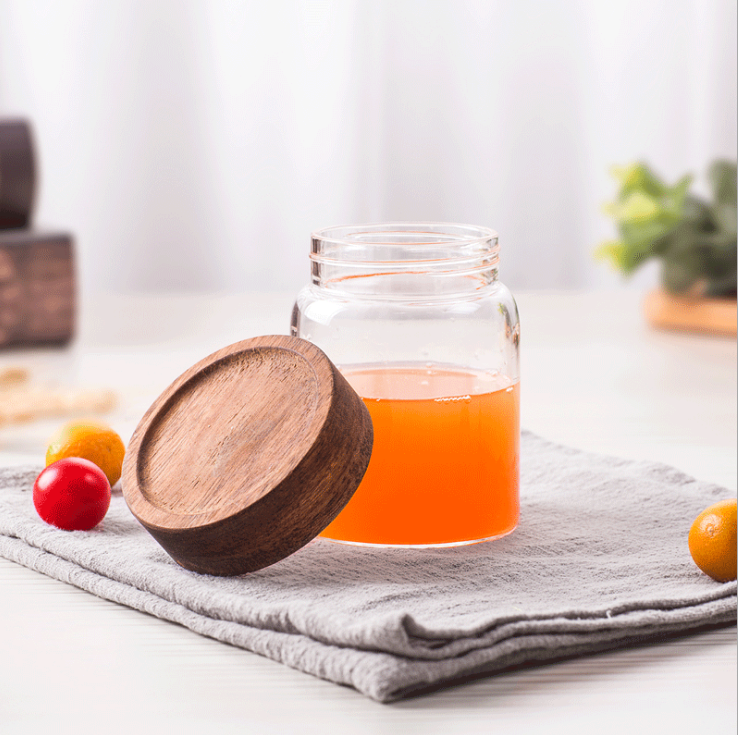 High Borosilicate 335ml 580ml 800ml Glass Honey Jar With Wooden Lid