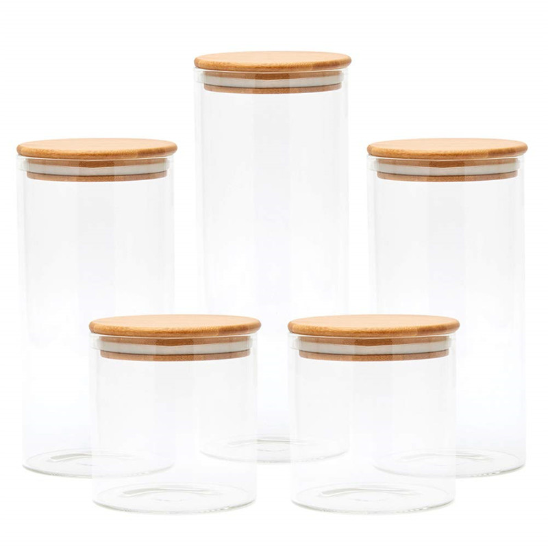 High Borosilicate Glas Food Storage Jar with Airtight Seal Bamboo Lid - Modern Design Clear Glass Food Storage Canister
