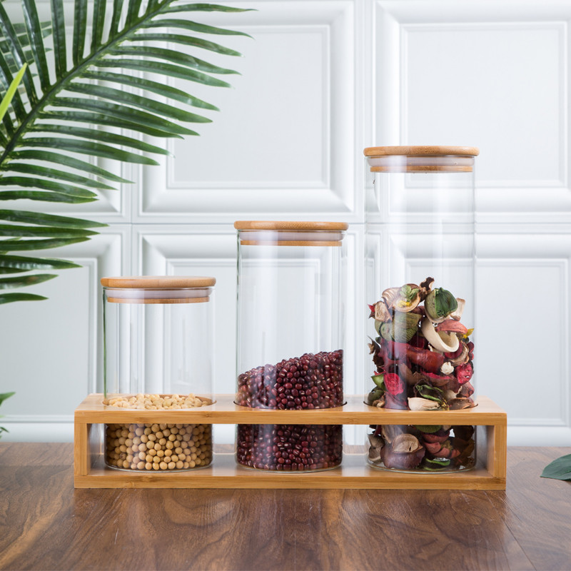 High Borosilicate Glas Food Storage Jar with Airtight Seal Bamboo Lid - Modern Design Clear Glass Food Storage Canister