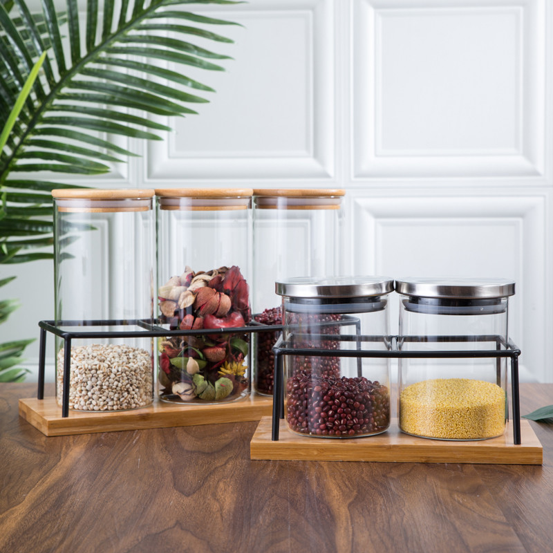 High Borosilicate Glas Food Storage Jar with Airtight Seal Bamboo Lid - Modern Design Clear Glass Food Storage Canister
