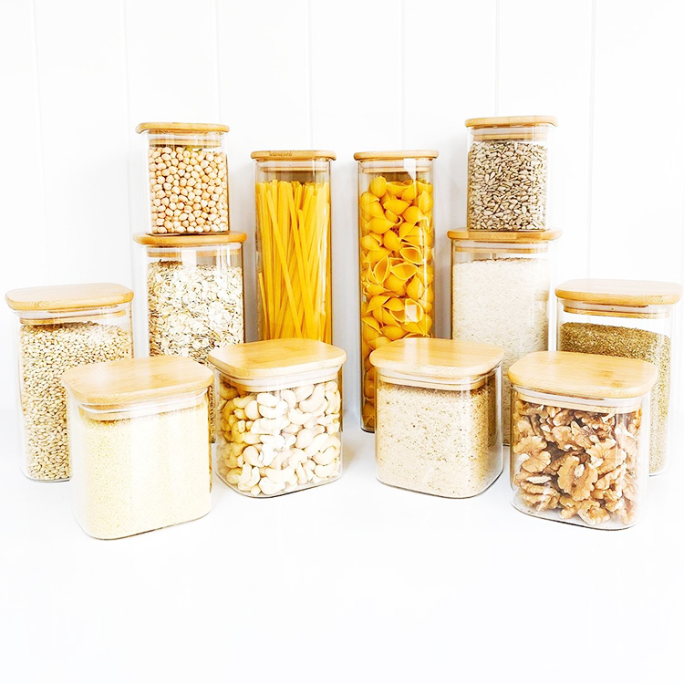 High Borosilicate Glass Dry Fruit Square Glas Jar Wood Lid Square Mini Airtight Glass Jars