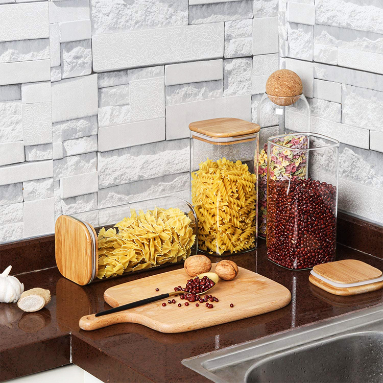 High Borosilicate Glass Dry Fruit Square Glas Jar Wood Lid Square Mini Airtight Glass Jars