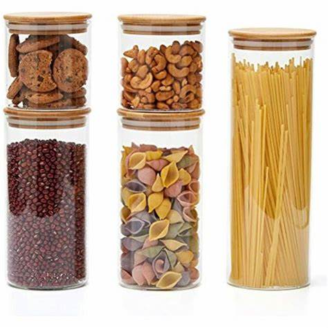 High Borosilicate Glass Food Storage Jars Clear Cylinder Containers With Wooden Lid For Oatmeal Cereal