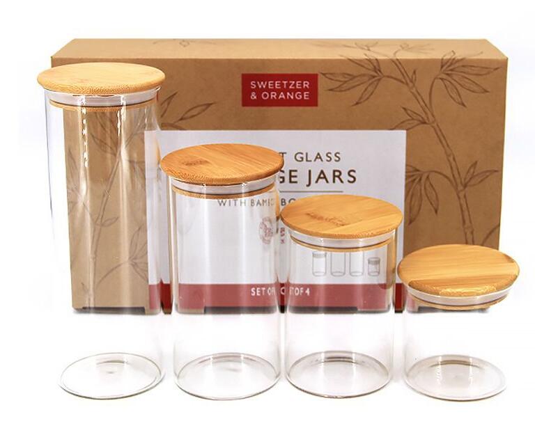 High Borosilicate Glass Jars With Bamboo Lids Set of 4 For Food Storage Pantry Organization Kitchen Spice For Serving Grains