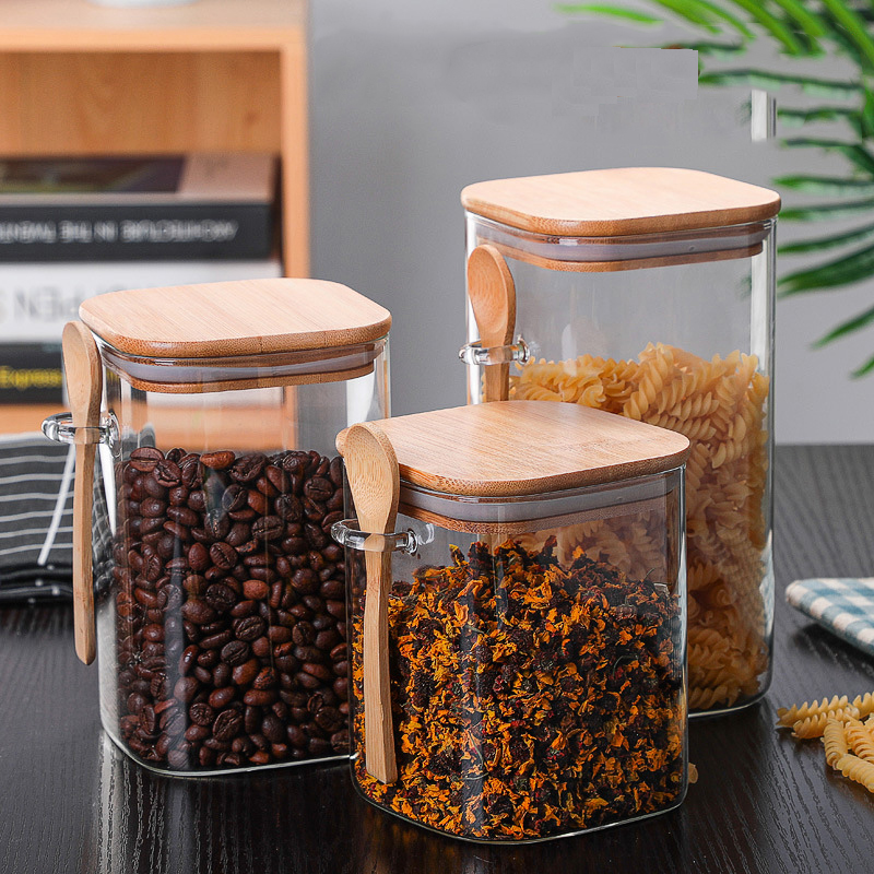 High Borosilicate Glass Square Airtight Food Storage Container Canister Jar with Bamboo Lid
