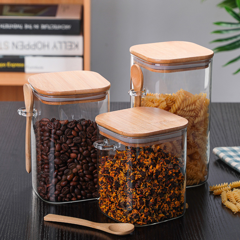 High Borosilicate Glass Square Airtight Food Storage Container Canister Jar with Bamboo Lid