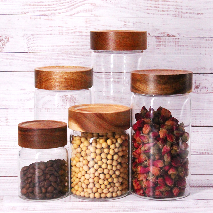 High Borosilicate Glass Storage Jar with Screw Acacia Wooden Lids