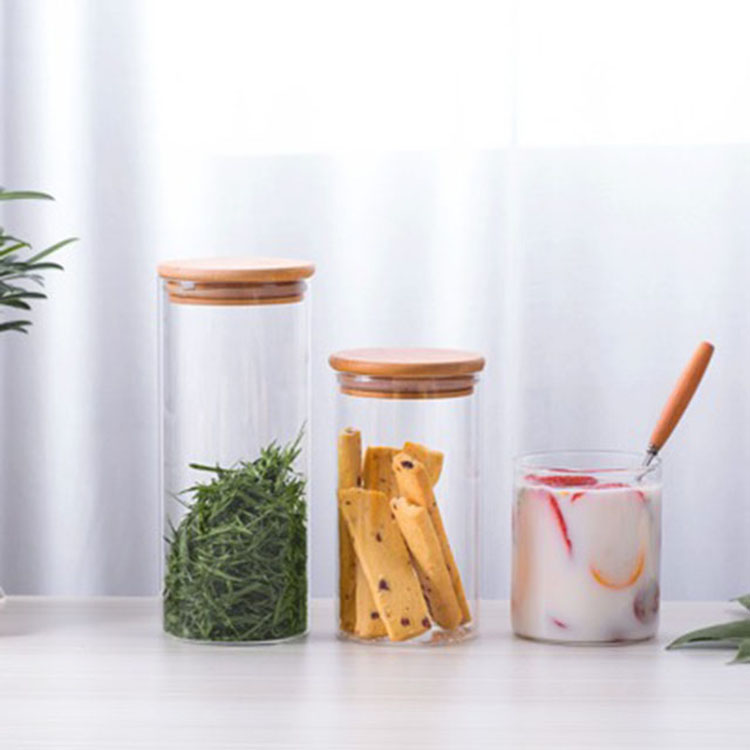 High Borosilicate Glass Storage Round Square Container Jars with Bamboo Wooden Cork Lids